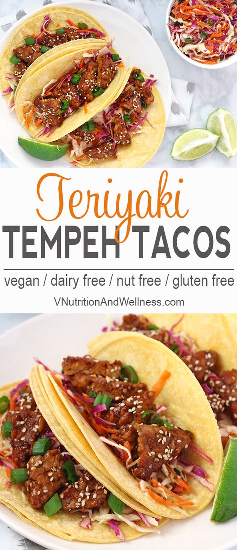 Teriyaki Tempeh Tacos | Looking for a different take on tacos? These Teriyaki Tempeh Tacos are a loaded with protein and combine both sweet and savory to make a delicious and easy meal. vegan tacos, gluten-free tacos, vegan taco recipe via @VNutritionist Teriyaki Tempeh, Tempeh Tacos, Vegan Tacos Recipes, Tacos Vegan, Gluten Free Tacos, Vegan Taco, Vegan Mexican Recipes, Vegan Entree, Taco Recipe