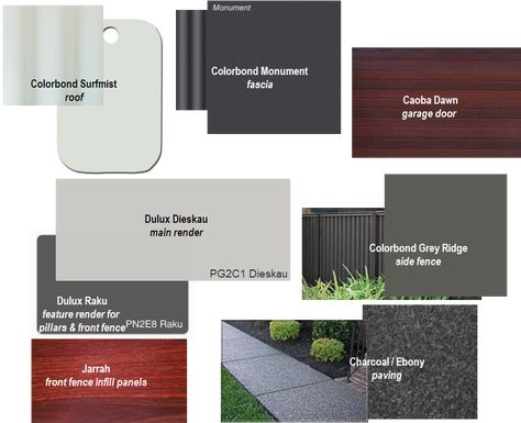 Facade colour selections Monument Colour Scheme Exterior, Dulux Exterior Colours, Hampton Exterior, Palette Garden, Exterior Color Palette, White Exterior Houses, Eco Home, Exterior House Paint Color Combinations, Beach House Exterior