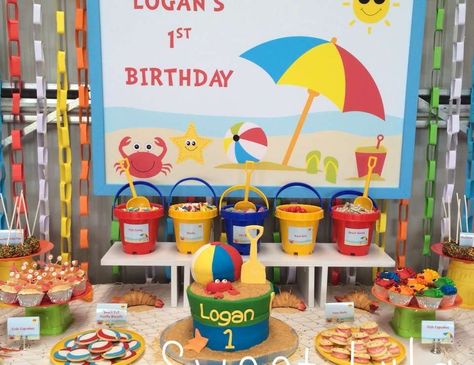 Gorgeous Beach birthday Party set up. Love all the little details - The cookies, the cake, the sand buckets full of goodies. Love it @SweetLyla2014 Beach Theme Birthday Party, Kids Beach Party, Beach Theme Birthday, Splash Party, Beach Birthday Party, Birthday Party Set, Pool Birthday, Beach Themed Party, Pool Birthday Party