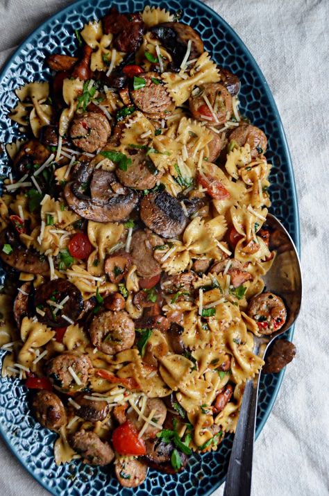 Italian Chicken Sausage, Mushroom & Tomato Pasta - Always Order Dessert Chicken Sausage And Mushroom Recipes, Recipes With Italian Chicken Sausage, Italian Sausage Mushroom Recipes, Mushroom And Sausage Recipe, Recipes For Chicken Sausage, Al Fresco Chicken Sausage Recipes, Sausage And Mushroom Recipes, Sausage Mushroom Recipes, Mushroom Sausage Pasta