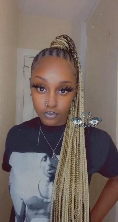 Stitch Braids Cornrow Ponytail, Stitch Ponytail Black Women, Scalp Braids For Black Women Updo, Blond Braided Ponytail For Black Women, Feedin Ponytail Hairstyles, Stitch Braided Ponytail Hairstyles, Blonde Feed In Braids Ponytail, Feed In Braids Ponytail With Swoop, Braided Ponytail Cornrows