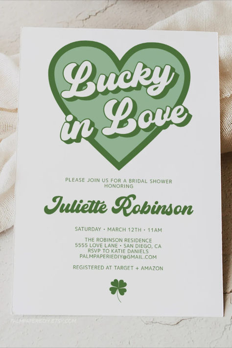 St Patricks Day Bridal Shower Ideas. Lucky in Love! Celebrate a bride to be with these St pattys theme invitations. Lucky In Love Bridal Shower Decor, Bach Weekend, Bridal Shower Inspo, Wedding Shower Themes, Bridal Shower Inspiration, Shower Inspiration, Lucky In Love, Shower Themes, Bridal Shower Signs