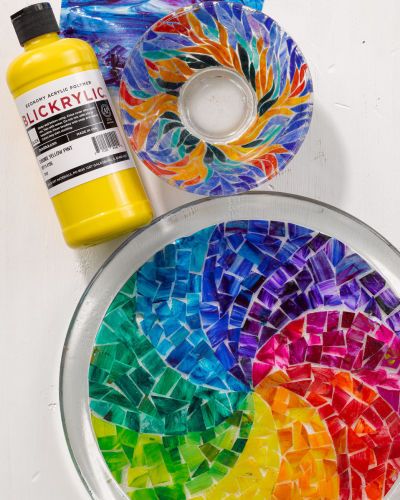 Acrylic Skins Mosaic - Project Ideas | BLICK Art Materials How To Make Acrylic Paint Transparent, Mosaic Acrylic Painting, Jewelry Storage Ideas, Acrylic Skins, Skin Craft, Clear Acrylic Sheet, Skin Paint, Sensory Art, Classroom Art Projects