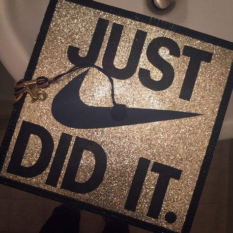 My graduation cap! Nike. Just did it ✔️ High School Graduation Cap, College Graduation Cap Decoration, Grad Hat, Grad Cap Designs, Diy Graduation Cap, Cap Decoration, Graduation Cap Designs, Graduation Hat, Graduation Cap Decoration