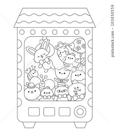 Vector black and white kawaii toy vending machine with Easter toys. Cute gadget illustration with bunny, chick, colored egg. Funny cartoon gambling game icon or coloring page Black And White Kawaii, Toy Vending Machine, Egg Funny, Money Images, Easter Toys, Kawaii Toys, Gambling Games, Coloring Eggs, Game Icon