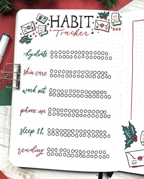 Christmas Bujo Spread, Christmas Habit Tracker, Bullet Journal Decembre, Bullet Journal December Cover, Bullet Journal Ideas December, December Habit Tracker, Christmas Journal Ideas, December Bullet Journal Ideas, Christmas Journal Pages