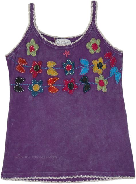 A stonewashed washed purple sleeveless tank top to keep you cool this summer.  This cotton top feature a gorgeous floral applique work, and a beautiful thread detailing at its borders which gives it a trendy and unique look. #tlb #Sleeveless #Stonewash #Embroidered #Applique #vacationclothing #beachwrap #Floral #Bohemiantanktop #handmadetop Funky Tank Tops, Fun Purple Summer Top, Funky Clothes, Purple Floral Embroidered Beach Top, Multicolor Hippie Sleeveless Tank Top, Whimsigothic Clothes T-shirts & Tank Tops, Weird Tanks, Hippie Tank Tops, Purple Tank Top