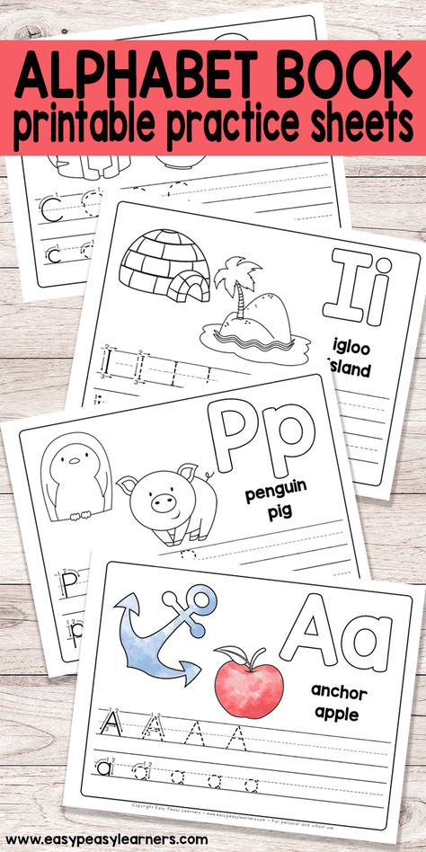 Free Printable Alphabet Book for Preschool and Kindergarten Free Alphabet Tracing Printables, Free Printable Alphabet, Printable Alphabet, Preschool Letters, Alphabet Preschool, Alphabet Book, Preschool Printables, Preschool Lessons, Alphabet Worksheets