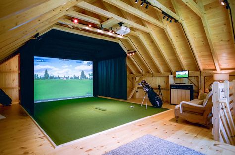 Indoor Golf Room Design, Pool House With Golf Simulator, Home Golf Simulator Garage, Indoor Golf Simulator Man Cave, Golf Simulator Room Design Garage, Golf Garage Ideas, Golf Simulator Room Man Caves, Indoor Golf Room, Golf Simulator Shed