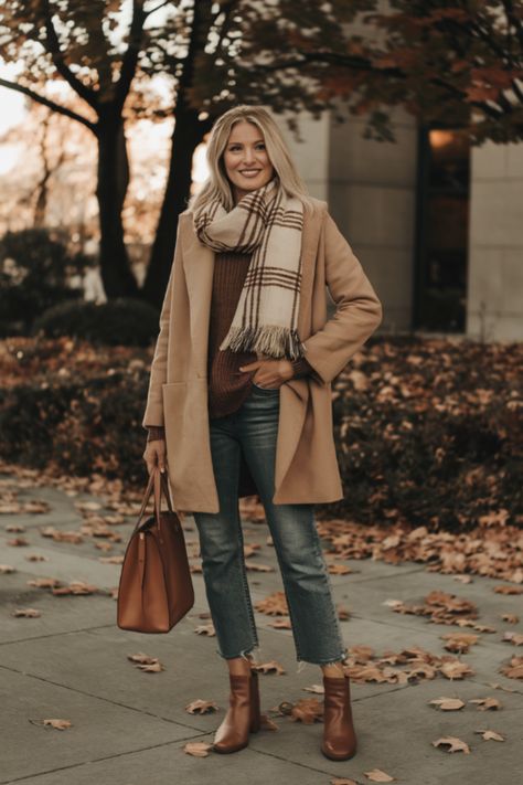 Elevate your fall wardrobe with this cozy and chic look! Featuring a timeless camel coat, a warm plaid scarf, and classic denim, this outfit combines comfort and style effortlessly. Paired with brown leather ankle boots and a matching tote, it's perfect for a casual day out in the crisp autumn air. Pin this outfit to your fall fashion board for ultimate seasonal inspiration! 🍁🧥👢 Brown Ankle Boots Outfit Fall, Camel Boots Outfit, Brown Leather Boots Outfit, Brown Ankle Boots Outfit, Ankle Boots Outfit Fall, Suede Boots Outfit, Camel Ankle Boots, Leather Boots Outfit, Boots Outfit Ankle