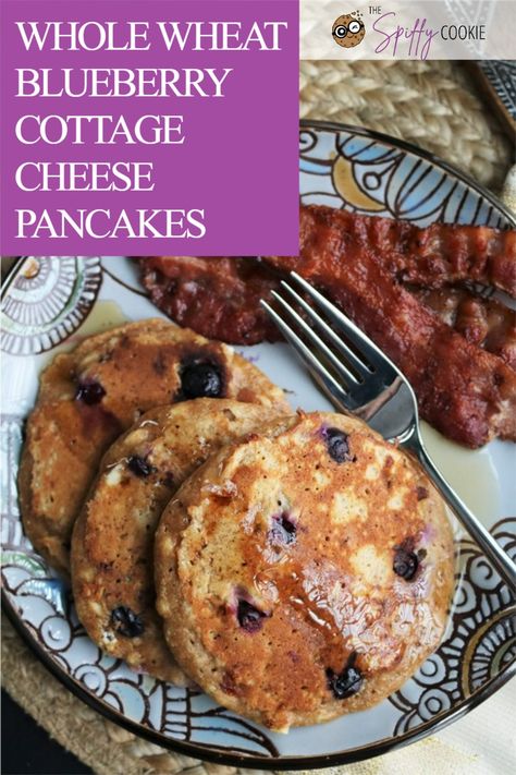 Get your morning going with these loaded whole wheat, blueberry, cottage cheese pancakes. Both delicious and good for you! #wholewheat #pancakes #cottagecheese #blueberries #thespiffycookie Blueberry Cottage Cheese Pancakes, Loaded Pancakes, Cottage Pancakes, Wholewheat Pancakes, Blueberry Cottage Cheese, Protein Breakfasts, Whole Wheat Pancakes, Wheat Pancakes, Kids Breakfast