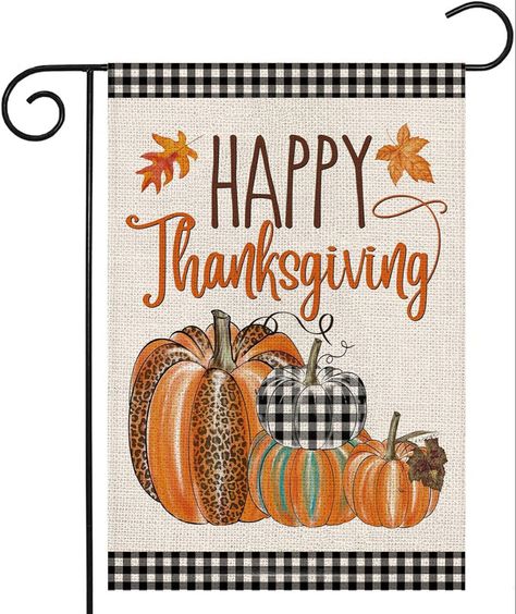 Small Thanksgiving, Plaid Pumpkins, Thanksgiving Flag, Fall House Flags, Fall Garden Decor, House Flag Pole, Fall House, Pumpkin Garden, Fall Garden Flag