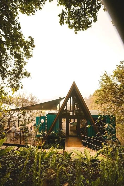 A Stylish Combination of an A-Frame House and a Shipping Container | Living in a Container 40ft Shipping Container, Container Living, Shipping Container Cabin, Container Conversions, Log Cabin Rustic, Container Cabin, Shipping Container House, A Frame Cabin, Container Home