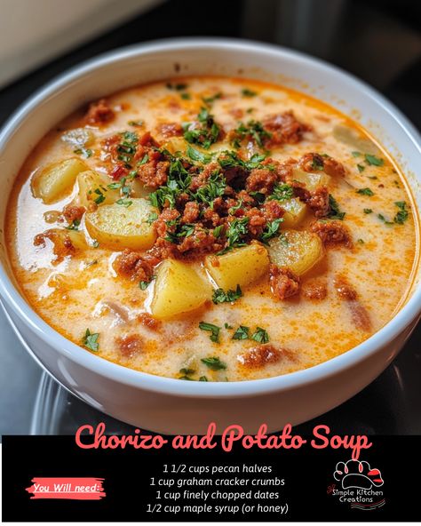 Indulge in the hearty and flavorful combination of spicy chorizo and creamy potatoes with this delicious Chorizo and Potato Soup recipe. Perfect for warming you up on a chilly day, this soup is sure to become a new family favorite. Check out the recipe on our Pinterest board and get ready to enjoy a bowl of comfort food at its best! #soup #chorizo #potatoes #comfortfood #recipeinspiration Spanish Chorizo And Potato Soup, Chorizo And Potatoes Dinner, Potato Chorizo Soup, Recipes For Chorizo, Chorizo Potato Soup, Chorizo And Potato Tacos, Mexican Chorizo Recipes Dinners, Recipes Using Chorizo, Chorizo Dinner Recipes