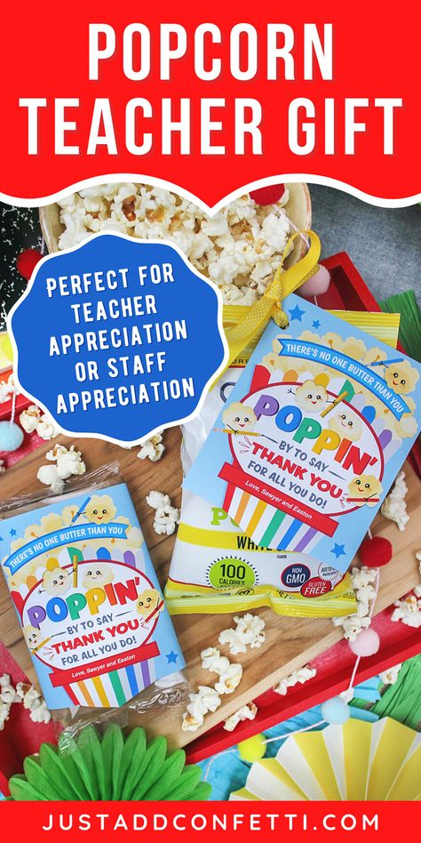 Poppin' by with a popcorn teacher gift idea! I think this little popcorn snack gift idea would be perfect for teacher appreciation or staff appreciation. The popcorn printable design has two formats, one that is a gift tag that can be attached to a small bag of popcorn and the other is a wrap around label that fits a packet of microwave popcorn. The popcorn printables are available in my Just Add Confetti Etsy shop. Also, head to justaddconfetti.com for even more teacher gift ideas! Popcorn Teacher Gift, Employee Encouragement, Popcorn Printable, Sunshine Committee, Popcorn Bag, Staff Morale, Popcorn Gift, Volunteer Gifts, Appreciation Ideas