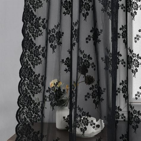 PRICES MAY VARY. Delicate Tulle Floral Lace Design - Made with poly and scalloped trim lace, gothic floral lace curtains are gorgeous and an elegant way to dress your windows. These lace curtains are available in various sizes and colors and curtains with laced edges add on an extra touch of detail. Functional & Decorative - Our black lace sheer curtains can enhance your room's ambiance through the softening of incoming light, the framing of your windows, and the creating of an impression that y Black Lace Curtains Living Room, Black Lace Curtains, Lace Curtains Bedroom, Sheer Lace Curtains, Gothic Curtains, Sheer Curtains Bedroom, Black Sheer Curtains, Luxury Window Curtains, Stenciled Curtains