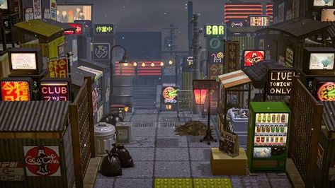 Acnh China Town, Acnh Tokyo Island, Acnh Dystopian Codes, Acnh Japanese Street, Japanese City Animal Crossing, Acnh Japanese Market, Animal Crossing Island Inspiration Japan, Anch Citycore, Japanese Neighborhood Animal Crossing