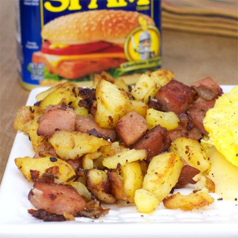 Spam Breakfast Hash Breakfast Spam Recipes, Spam Bake, Breakfast Spam, Spam Breakfast, Spam Recipes Dinners, Breakfast Hash Recipes, Cheap Breakfast, Spam Recipes, Hash Recipe