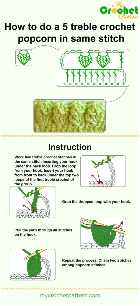 How to do a 5 treble crochet popcorn in same stitch How To Crochet Popcorn Stitch, Popcorn Crochet Stitch, Popcorn Stitch Crochet, Crochet Popcorn, Basic Knitting, Treble Crochet, Diy Crafts Crochet, Crochet Stitches Diagram, Popcorn Stitch