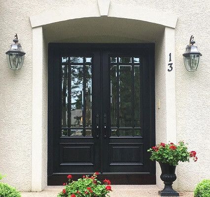 Double Wood Entry Door Replaces Single Door in Medford Home Black Double Front Door Ideas, Double Front Door Ideas Entryway, Single Wood Front Door With Windows, Black Double Door Entryway, Side Lite Window Coverings, Single To Double Door Entry, Double Front Entry Doors Black, Black Exterior Double Doors, Double Front Doors Black