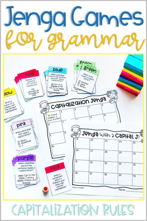 Reading Stations 3rd, 3rd Grade Centers Reading, Grade 5 Literacy Centers, Jenga Literacy Games, Reading Stations 3rd Grade, Teaching Capitalization, Grade 4 Literacy Centers, Literacy Stations 3rd Grade, Ela Centers 3rd Grade