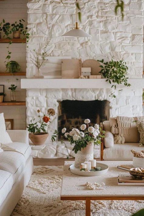 Chic White Stone Fireplace Ideas for Cozy Homes Boho Stone Fireplace, White Stone Fireplace Ideas, Painted Stacked Stone Fireplace, White Rock Fireplace, White Wash Stone Fireplace, White Stone Fireplace, Stone Fireplace Ideas, White Stone Fireplaces, Stone Fireplace Makeover