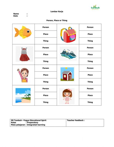 Person Place Animal Thing Worksheet, Nouns Worksheet Kindergarten, Animals Worksheet, Person Place Thing, Worksheet Kindergarten, G Words, Nouns Worksheet, Integrated Learning, Animal Worksheets