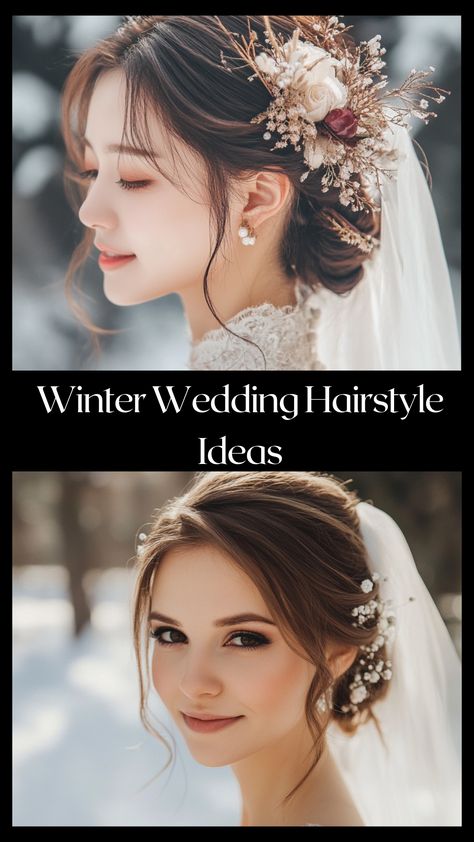 Bride with elegant winter wedding hairstyle updo decorated with delicate veil and floral accents. Winter Wedding Bride Hair, Wedding Veil Hairstyles, Long Hair To Short Hair, Winter Wedding Hairstyles, Cozy Winter Wedding, Hairstyles For Brides, Romantic Braid, Styles For Black Women, Wedding Hairstyle Ideas