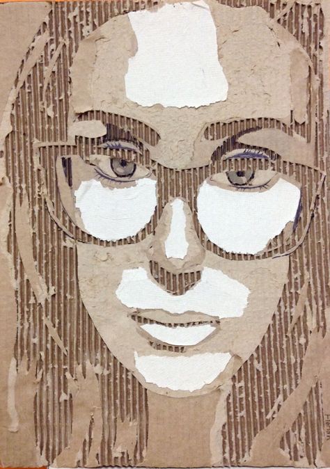 Cardboard Portrait AP art assignment by Sommer Florian. This portrait was done by peeling back layers on a piece of corrugated cardboard to create different values of lightness. Cardboard Self Portrait, Cardboard Art Painting, Corrugated Cardboard Art, Cardboard Portraits, Cardboard Art Projects, Cardboard Relief, Back Layers, High School Art Projects, Cardboard Sculpture