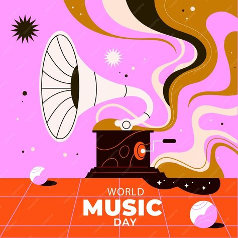 Premium Vector | Flat illustration for world music day celebration Flat Illustration Poster, Playlist Illustration, Music Day Poster, Y2k Illustration, World Music Day, Music Day, Y2k Posters, Stock Portfolio, Music Rhythm