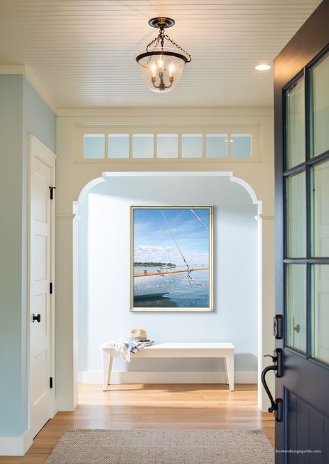 DiMauro Architects Doorway With Transom, Windows Inside The House, Transom Window Interior, Transom Windows Interior Wall, Victorian Transom Windows, Interior Doors With Transom Windows, Cottage Foyer Entryway, Hallway Transom, Hallway Fretwork