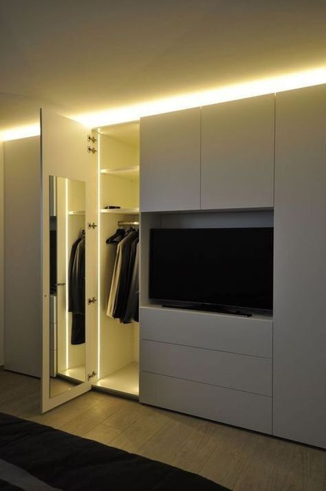 Closet Con Tv, Tv Closet, Modern Closet Designs, Luxury Bathroom Master Baths, Bedroom Cupboards, Bedroom Cupboard Designs, Bedroom Cabinets, Bedrooms Ideas, Bedroom Closet Design