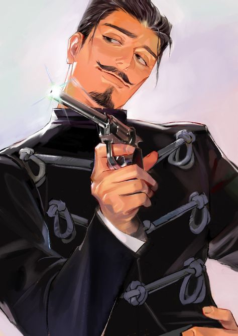 Safebooru - 1boy black eyes black hair buttons collared jacket facial hair goatee golden kamuy gun highres holding holding gun holding weapon kajibaji long sleeves looking to the side male focus military military uniform mustache scar scar on face short hair sideburns simple background solo tsurumi tokushirou uniform upper body weapon weapon request younger | 3338318 A Drawing, A Man, Twitter