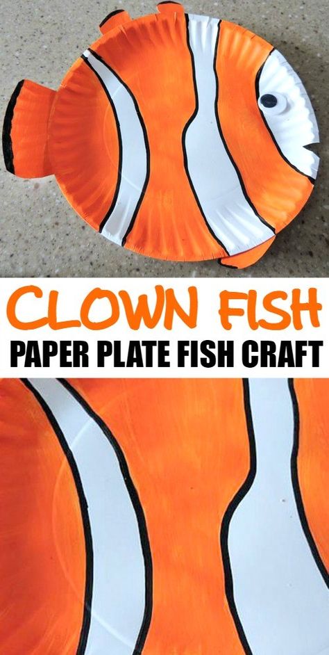 We love this tropical clown fish, such a cute paper plate fish craft for kids! It's easy to make this fish art project at home with your family Clown Fish Art, Paper Plate Fish Craft, Plate Fish Craft, Fish Art Project, Fish Crafts Preschool, Reef Animals, Art Projects For Toddlers, Paper Plate Fish, Projects For Toddlers