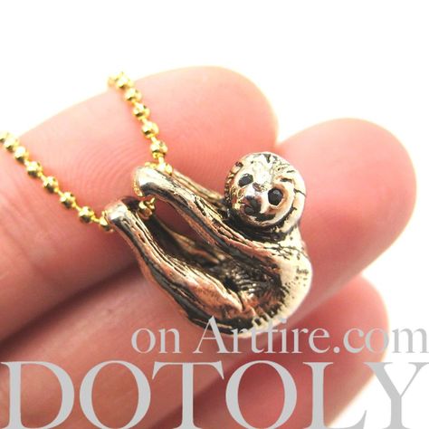 Sloth Baby Animal Pendant Necklace Realistic and Cute in Shiny Gold | DOTOLY Sloth Ring, Crocodile Party, Sloth Necklace, Sloth Animal, Sloth Jewelry, Animal Party Favors, Sloth Life, Fake Gauge Earrings, Sloth Stuffed Animal