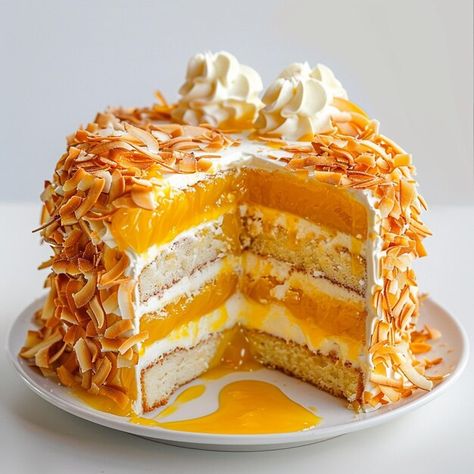 Photo mango passionfruit coconut cake wi... | Premium Photo #Freepik #photo Mango Passionfruit Dessert, Passionfruit Dessert, Mango Coconut Cake, Passionfruit Cake, Mango Passionfruit, Mango Cake, Mango Coconut, Delicious Cakes, Coconut Cake