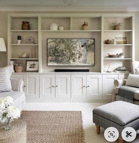 Built In Shelves Living Room, Living Room Built Ins, Bookshelves In Living Room, Built In Cabinets, New Home Designs, Media Center, Living Room Inspo, Front Room, Living Room Inspiration