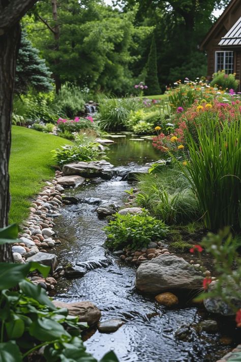 Small Stream In Garden, Backyard With Creek, Natural Stream Landscaping, Diy Waterfall Pond Backyard Stream, 9b Landscaping, Small Creek In Backyard, Stream In Garden, Pond In Backyard, Backyard Streams