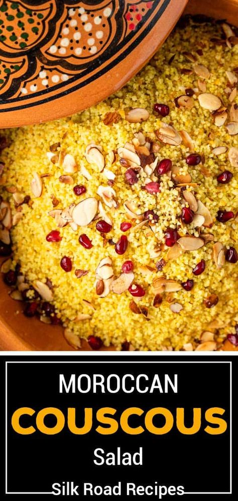 Moroccan couscous with pomegranate and slivered almonds is a flavorful and equally beautiful side dish. Make this recipe to replace rice and other grains. #MoroccanCouscous #EasySideDishes Moroccan Couscous Salad, Tagine Pot, Grains Recipes, African Kitchen, Moroccan Couscous, Moroccan Recipes, Beef Kebabs, Veggie Patties, Moroccan Dishes