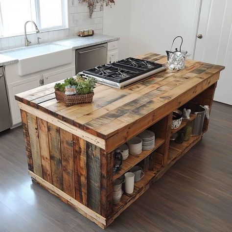 Pallet Kitchen Island Pallet Wood Kitchen Island, Diy Pallet Island, How To Build A Kitchen Island Diy, Diy Island Kitchen, Kitchen Island Diy Plans, Homemade Kitchen Island, Pallet Kitchen Cabinets, Diy Island, Pallet Cabinets