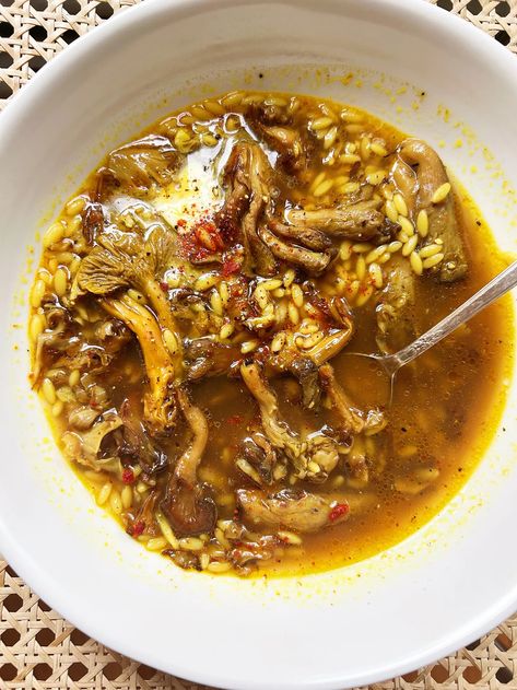 Golden Mushroom Soup with Buttered Orzo - by Alison Roman Alison Roman Recipes, Soup Orzo, Roman Recipes, Golden Mushroom, Alison Roman, Golden Mushroom Soup, Roman Food, Mushroom Broth, Orzo Soup