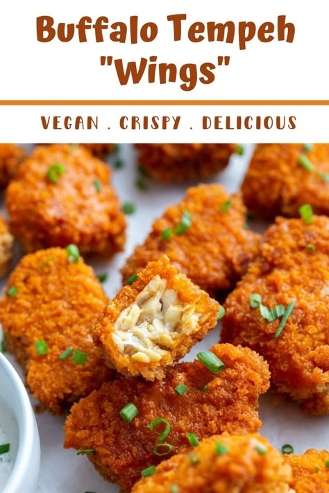 This recipe for Buffalo Tempeh “Wings” is crispy chunks of tempeh baked (or fried) to perfection and coated in spicy buffalo sauce. Serve these tempeh "wings" with ranch dip for the ultimate party snack! Tempeh Mexican Recipes, Buffalo Tempeh Tacos, Air Fried Tempeh, Buffalo Tempeh Recipes, Tempeh Recipes Dinner, Tempeh Recipes Easy, Tempeh Recipes Air Fryer, Tempeh Dinner Recipes, Tempeh Nuggets