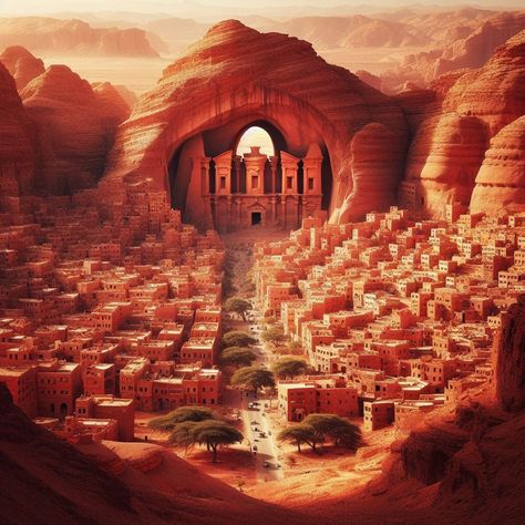 Desert Fantasy Art Cities, Desert Dnd Art, Fantasy Canyon City, Dnd Desert Town, Dnd Desert City, Fantasy Desert Town, Desert Kingdom Fantasy Art, Desert Fantasy City, Desert City Concept Art