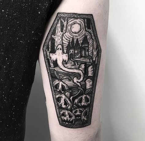 Halloween Coffin Tattoo, Spooky Eye Tattoo, Window Scene Tattoo, Dainty Tattoos Unique, Spooky Tattoo Designs, Coffin Tattoo Ideas, Halloween Sleeve Tattoo, Moth Tattoos For Women, Coffin Tattoo Design