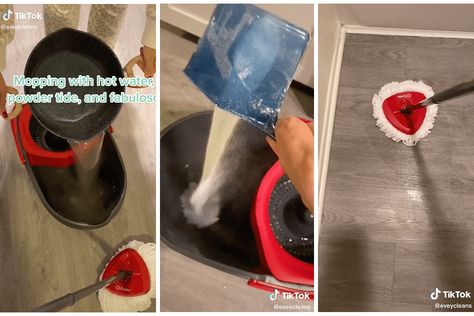 Mopping Floors Solution With Tide, Mop Solution, Mopping Laminate Floors, Tide Powder, Mop Wood Floors, Tide Laundry, Diy Floor Cleaner, Tide Detergent, How To Clean Laminate Flooring