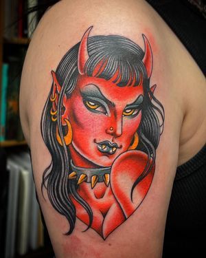 Valerie Vargas • Tattoo Artist • Book Now • Tattoodo Valerie Vargas Tattoo, Vampire Traditional Tattoo, Traditional Lady Head Tattoo, Demon Girl Tattoo, Traditional Lady Head, Devils Tattoo, Lady Head Tattoo, Traditonal Tattoo, Traditional Tattoo Woman