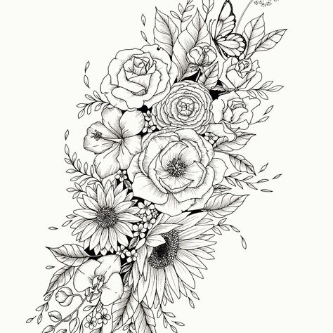 Botanical Tattoo Sleeve, Line Botanical, Pencil Drawing Pictures, Colorful Flower Tattoo, Flower Tattoo Stencils, Peony Drawing, Sunflower Tattoo Sleeve, Wildflower Drawing, Christian Sleeve Tattoo