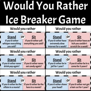 This download includes 50 would you rather questions designed for high school students.  These are great ice breaker questions that get kids discussing their preferences and helps the classroom bond together.  There are enough questions to play the game 2-3 times (I usually only ask about 15-20 questions to each class).I usually have a bag of candy that I hand out during this activity.  After each question, I ask 2 students with different choices (1 sitting & 1 standing) to explain why they Ice Breaker Activities For High School, 5th Grade Ice Breaker Activities, Ice Breaker Games For Teens, Ice Breaker Questions For Kids, Teen Group Games, Ice Breaker Ideas, Ice Breaker Games For Kids, High School Ice Breakers, Games For High School Students