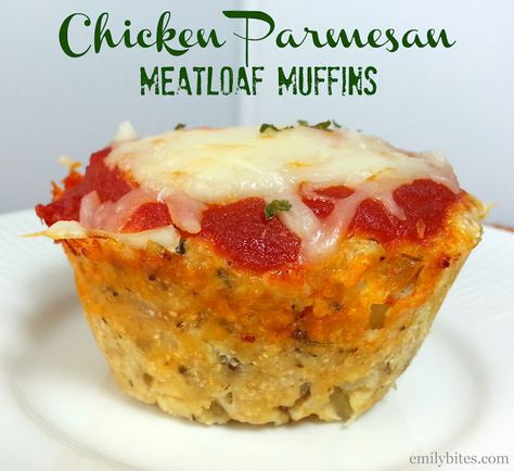 Emily Bites ~ Weight Watchers Friendly Recipes ~ Chicken Parmesan Meatloaf "Muffins" Ww Meatloaf, Chicken Parmesan Meatloaf, Parmesan Meatloaf, Emily Bites, Meatloaf Muffins, Meatloaf Recipe, Bariatric Recipes, Think Food, Recipes Chicken