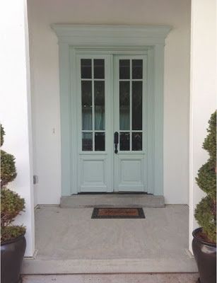 A Touch of Southern Grace : Knock, Knock, Welcome In Woodlawn Blue Benjamin Moore, Woodlawn Blue, Double Door Entryway, Blue Front Door, Blue Doors, Favorite Paint Colors, Livingstone, Shutters Exterior, Front Door Colors